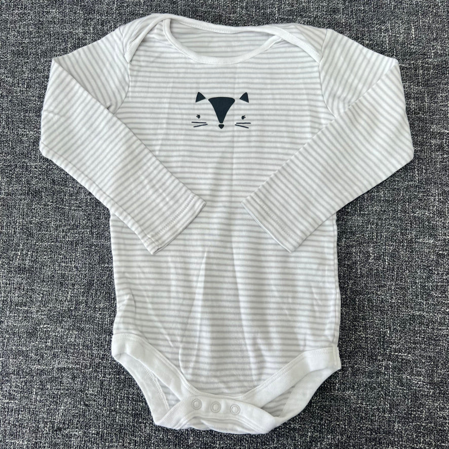 Girls 2-3 Year White & Grey Striped Long Sleeved Bodysuit With Printed Animal Face