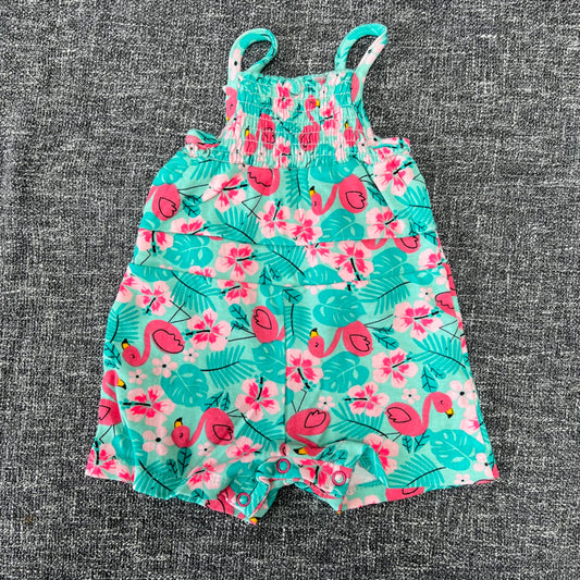 Girls 6-9 Month Green & Pink Flamingo Print Summer Romper