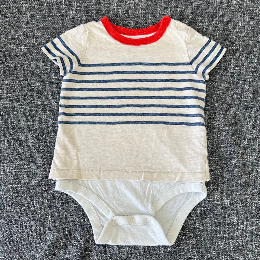 Boys 6-9 Month Beige & Blue Striped T-shirt Short Sleeved Bodysuit