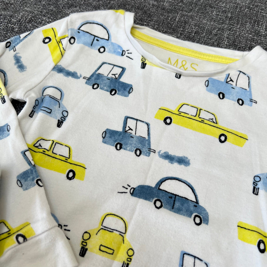 Boys 2-3 Year White With A Yellow & Blue Car Print Pjs