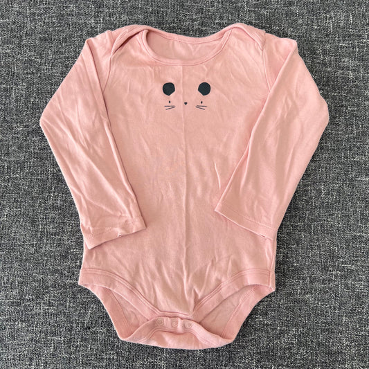 Girls 2-3 Year  Plain Light peach Long Sleeved Bodysuit With Printed Mouse Face.