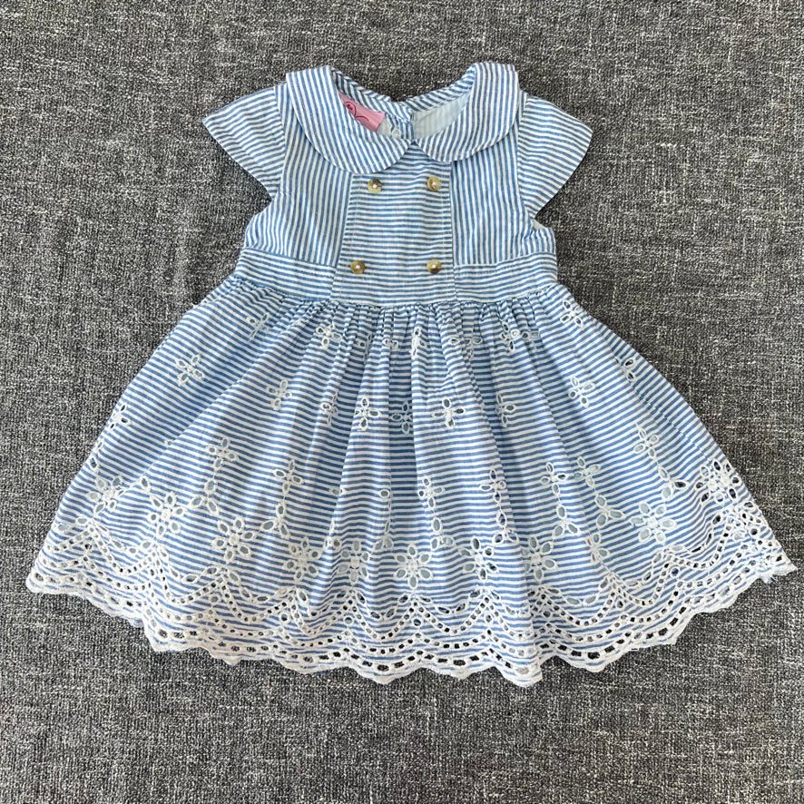 Girls 6-9 Month Blue & White Striped Embroidery Anglaise Summer Dress