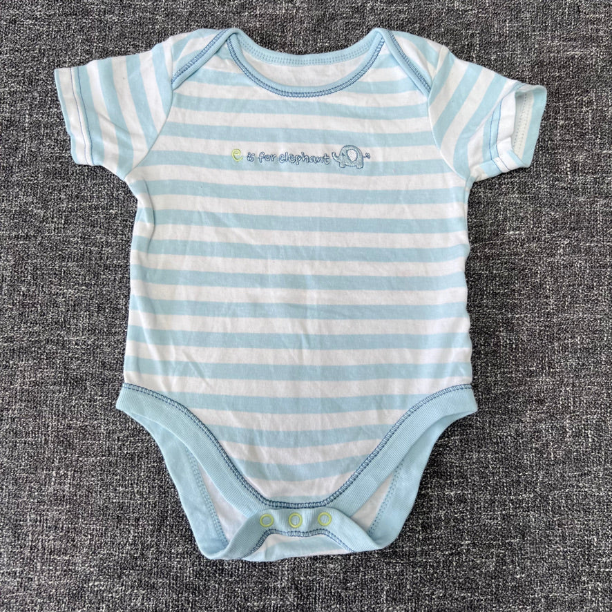 Boys 9-12 Month Light Blue & White Striped Short Sleeved Bodysuit "E is for elephant"