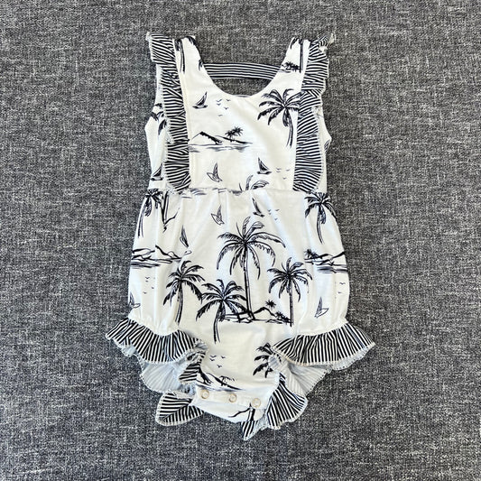 Girls 12-18 Month Blue & White Tropical Island Print Summer Romper