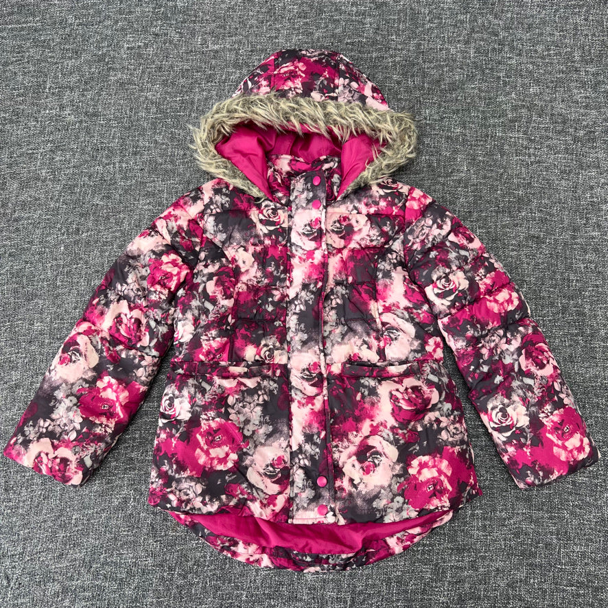 Girls 5-6 Year Pink 7 Grey Floral Print Winter Coat With Hood