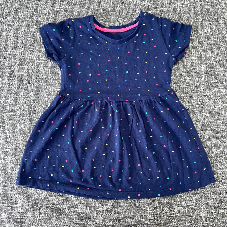 Girls 9-12 Month Navy Blue Jersey Short Sleeved Summer Dress With Multi-coloured Spots