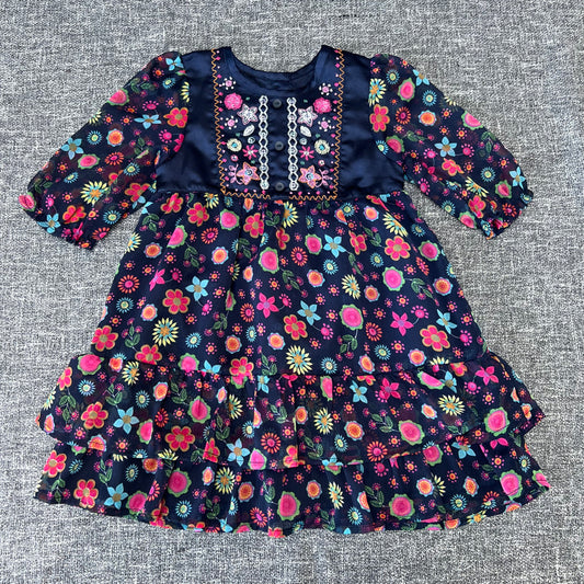 Girls 12-18 Month Blue Long Sleeved Dress With Floral Print