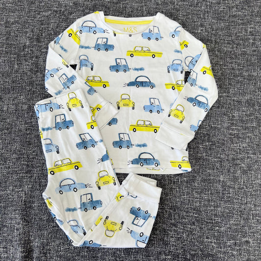 Boys 2-3 Year White With A Yellow & Blue Car Print Pjs