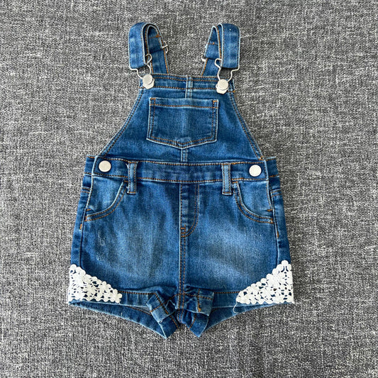 Girls 9-12 Month Denim Blue Summer Dungarees with White Lace Trim