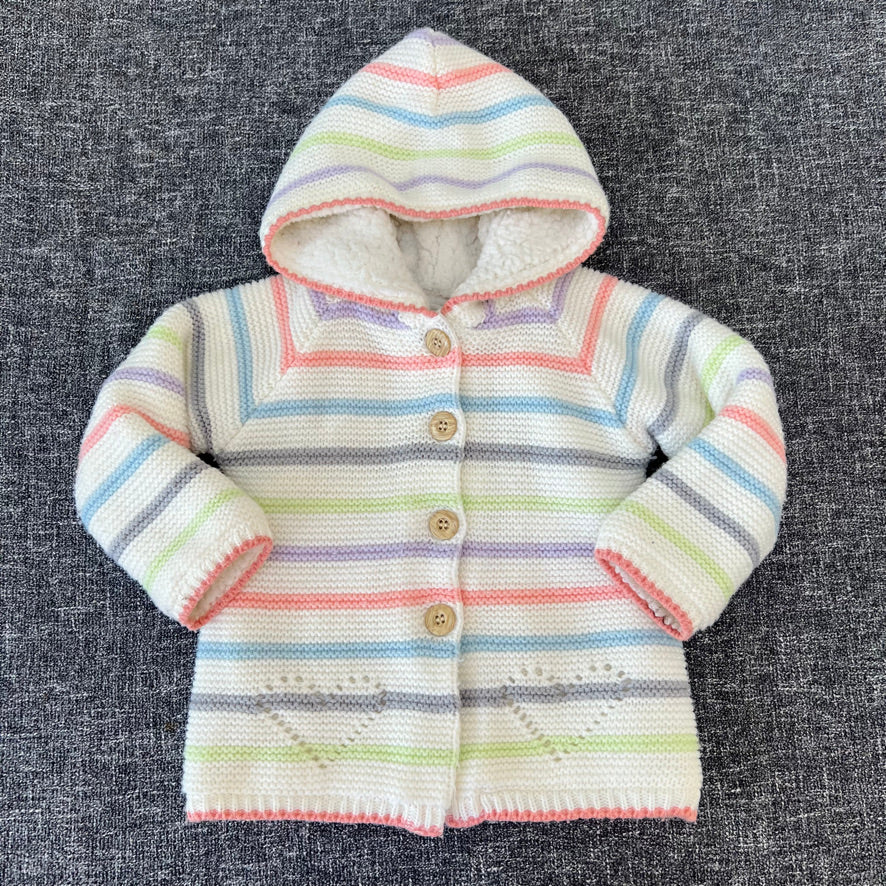 Girls 12-18 Month Cream  Striped Knitted Hooded Cardigan With Fluffy Lining