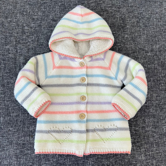 Girls 12-18 Month Cream  Striped Knitted Hooded Cardigan With Fluffy Lining