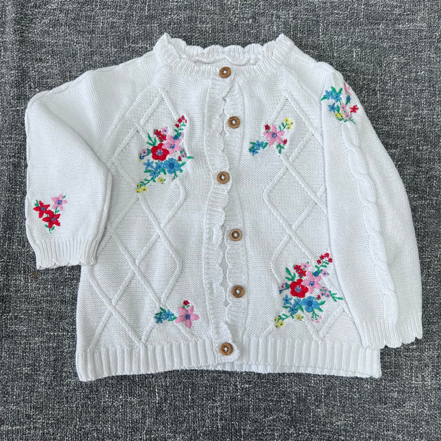 Girls 6-9 Month White Knitted Summer Cardigan with Embroidered Flowers