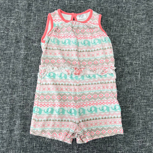 Girls 6-9 Month Green & Peach Summer Romper With A Geometric Pattern