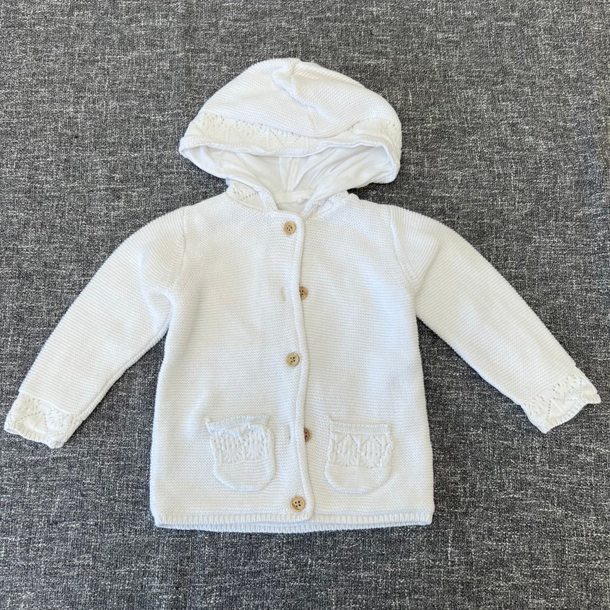 Girls 12-18 Month White Fully Lined Knitted Hooded Cardigan