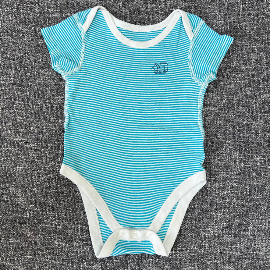 Boys 9-12 Month White & Turquoise Striped Short Sleeved Bodysuit With Digger Motif