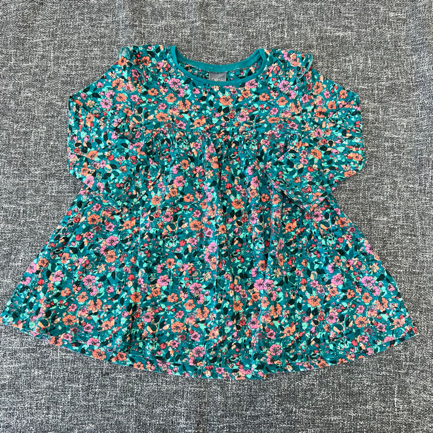 Girls 12-18 Month Green Long Sleeved Dress with Pink & Peach Floral Print