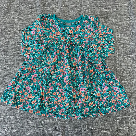 Girls 12-18 Month Green Long Sleeved Dress with Pink & Peach Floral Print