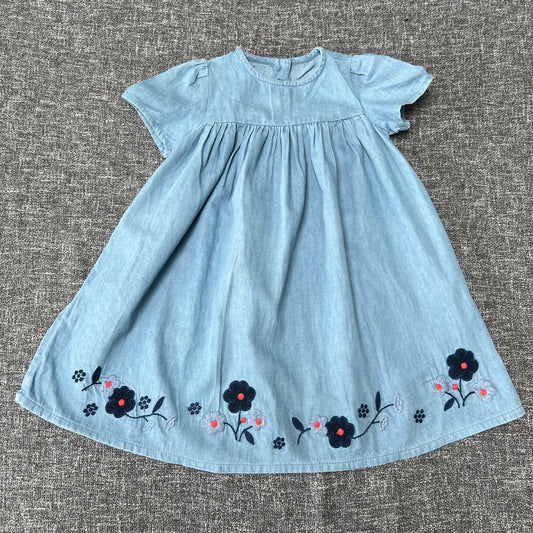 Girls 18-24 Month Blue Summer Dress With Embroidered Flowers At The Hem