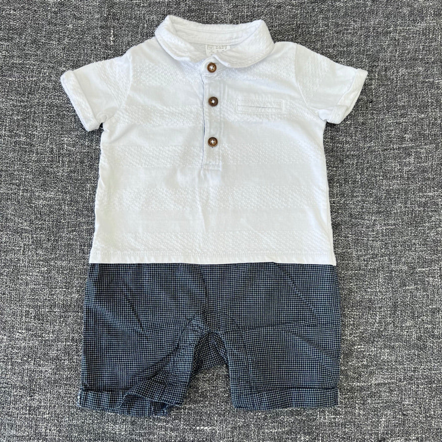 Boys 9-12 Month White & Blue Polo Style Summer Romper