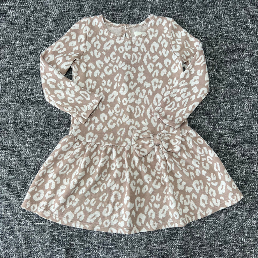 Girls 2-3 Year Beige & Cream Leopard Print Long Sleeved Dress