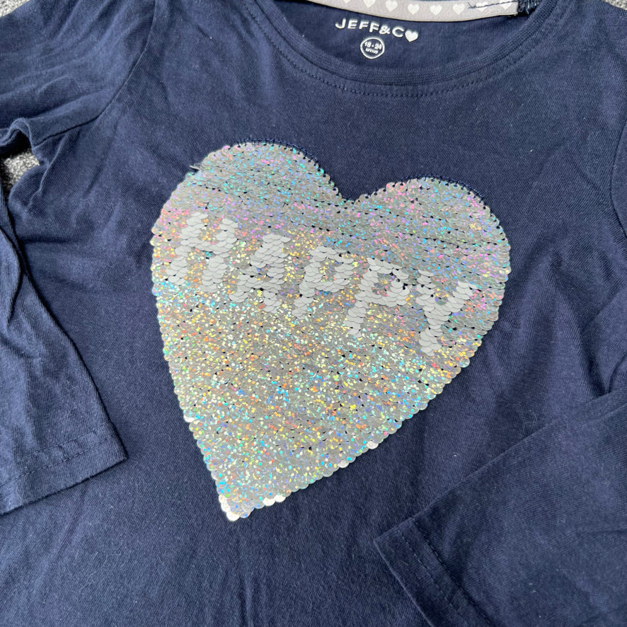 Girls 18-24 Month Blue Long Sleeved Top With Sequined "Happy" Heart