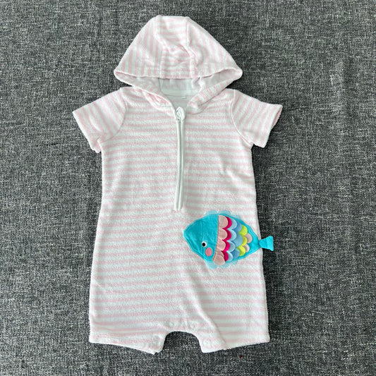 Girls 9-12 Month Pink & White Striped Towelling Fish Beach Robe