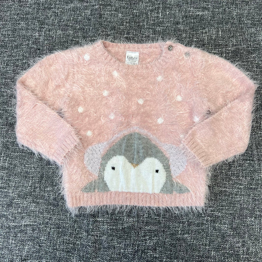 Girls 12-18 Month Pink Penguin In The Snow Fluffy Jumper