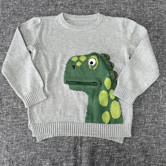 Boys 5-6 Year Grey & Green Dinosaur Jumper With Zip Mouth