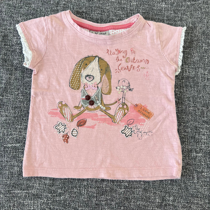 Girls 9-12 Month Pink "Playing in the Autumn leaves" Dog Print T-shirt