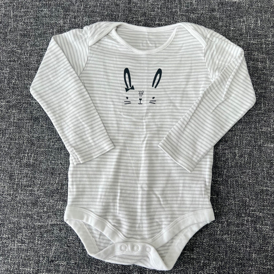 Girls 2-3 Year White & Grey Striped Long Sleeved Bodysuit With Printed Animal Face