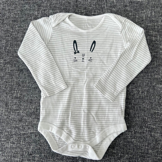 Girls 2-3 Year White & Grey Striped Long Sleeved Bodysuit With Printed Animal Face