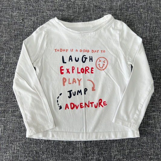 Boys 18-24 Month White Long Sleeved Top "Today Is A Good Day To Laugh, Explore, Play, Jump, Adventure