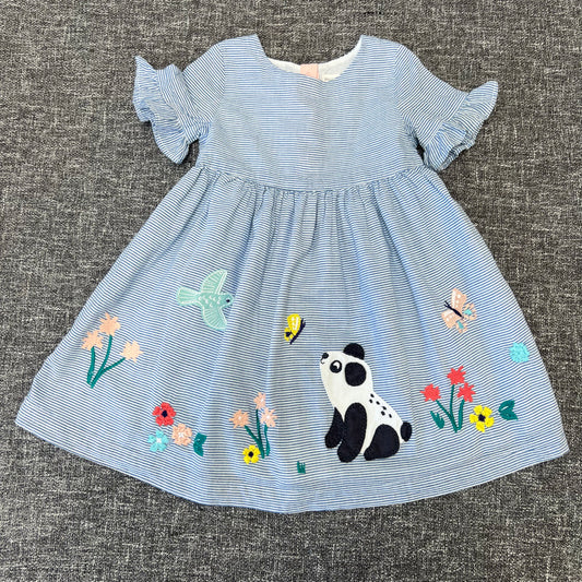 Girls 12-18 Month Blue & White Striped Summer Dress With Appliqued Panda & Embroidered Flowers