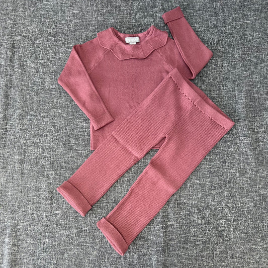 Girls 2-3 Year Plain Dark Pink Knitted Leggings & Long Sleeved Top Outfit / set