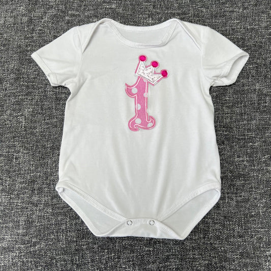 Girls 9-12 Month White & Pink  "1"  Short Sleeved Bodysuit