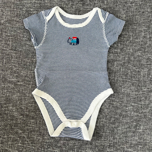 Boys 9-12 Month Blue & White Striped Short Sleeved Bodysuit With Digger Motif