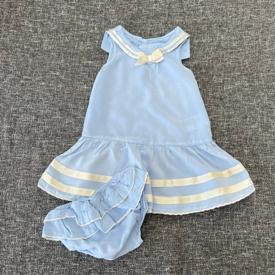 Girls 9-12 Month Light Blue & White Summer Sailor Dress & Knickers Outfit