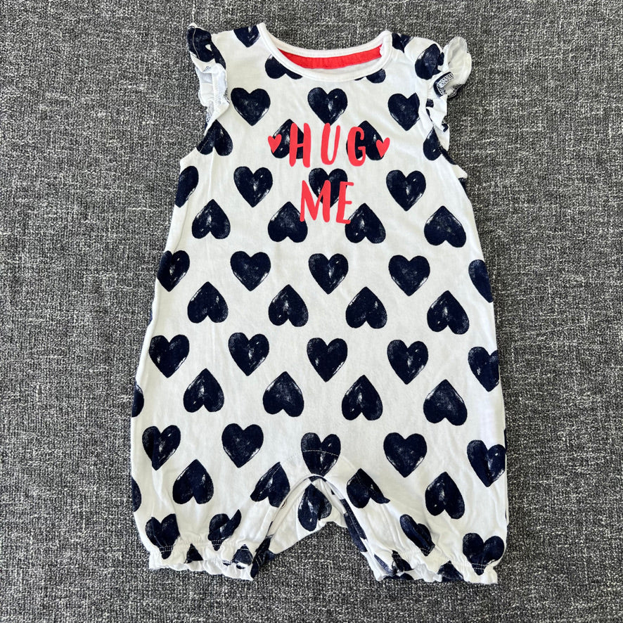 Girls 9-12 Month White With Blue Hearts "Hug Me" Summer Romper