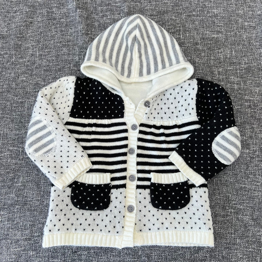 Girls 12-18 Month Black & White Knitted Hooded Cardigan With Fleece Lining