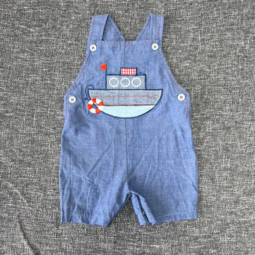 Boys 9-12 Month Blue Summer Dungarees With Appliquéd Boat