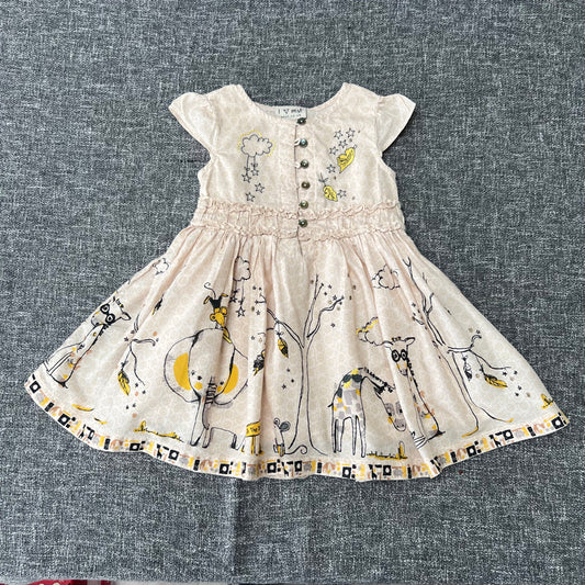 Girls 12-18 Month Beige Elephant & Giraffe Print Summer Dress