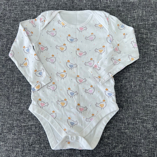 Girls 2-3 Year White Long Sleeved Bodysuit With Bird Print