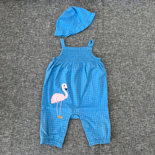 Girls 9-12 Month Blue & White Check With Appliquéd Flamingo Summer Romper & Sun Hat Outfit