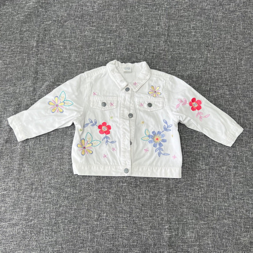 Girls 12-18 Month White Denim Jacket With Embroidered Flowers