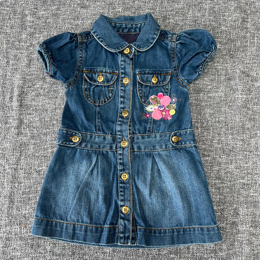 Girls 6-9 Month Blue Denim Summer Dress With Flower Appliqué