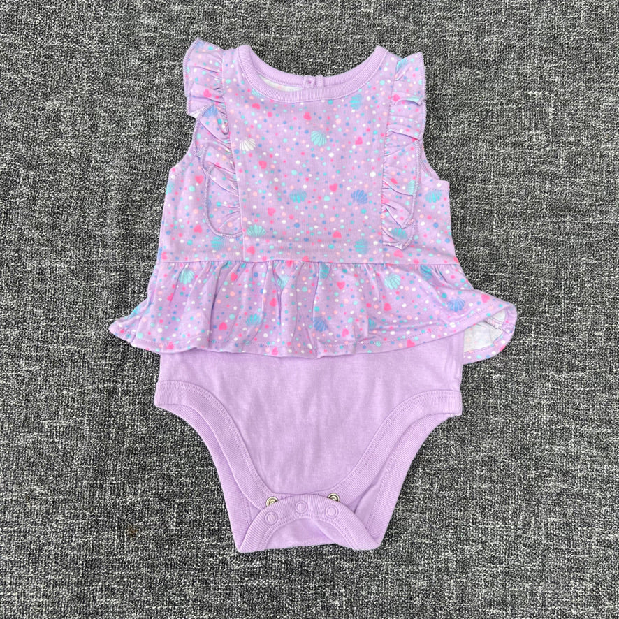 Girls 6-9 Month Purple Summer Romper / Bodysuit Dress With Shell, Dot, & Heart Pattern