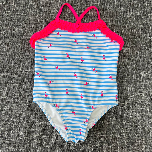 Girls 6-9 Month Blue & White Striped Swim Suit With Pink Flamingo Print