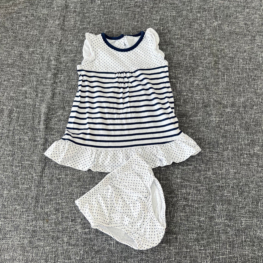 Girls 6-9 Month White & Blue Striped Summer Dress With Matching Knickers