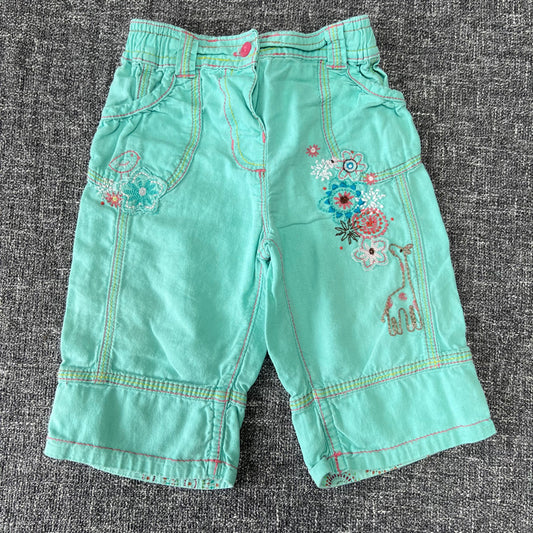 Girls 6-9 Month Green Summer Cropped Trousers / Shorts With Flower Embroidery