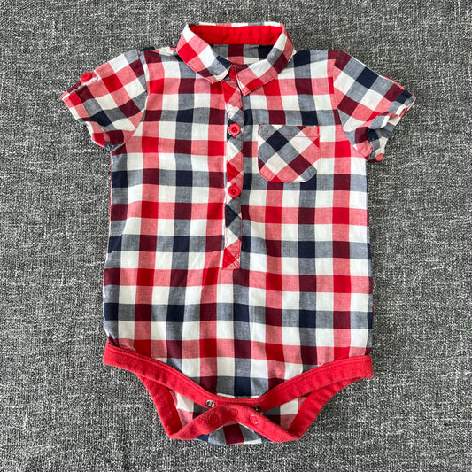 Boys 6-9 Month Blue, Red & White Checked Shirt Style Short Sleeved Bodysuit